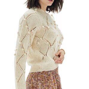 MINKPINK Womens Open-Knit Ball-Detail Sweater,Ivory, X- Large